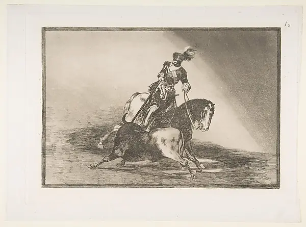 Charles V spearing a bull in the ring at Valladolid, plate 10 from "La Tauromaquia" by Goya (Francisco de Goya y Lucientes)