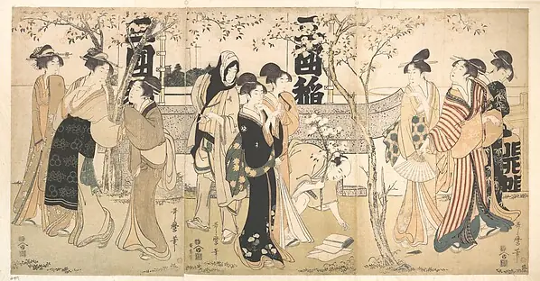 Display of Treasures at Mimeguri Shrine (Mimeguri jinja no onkaichō) by Kitagawa Utamaro