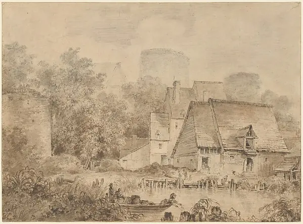 Farm Buildings beside a Waterway by Jean Honoré Fragonard