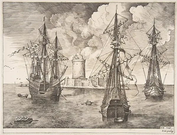 Four-master and Two Three-masters Anchored near a Fortified Island, from "The Sailing Vessels" by Pieter Bruegel the Elder