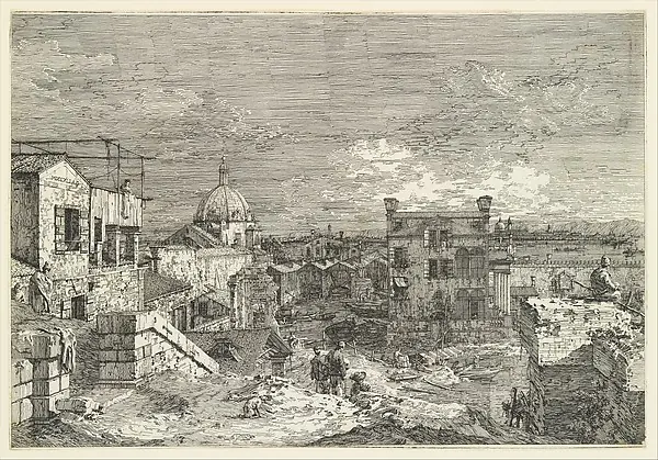 Imaginary View of Venice, houses at left with figures on terraces, a domed church at center in the background, boats and boat-sheds below, and a seated man observing from a wall at right in the foreground, from "Views" (Vedute altre prese da i luoghi altre ideate da Antonio Canal) by Canaletto (Giovanni Antonio Canal)