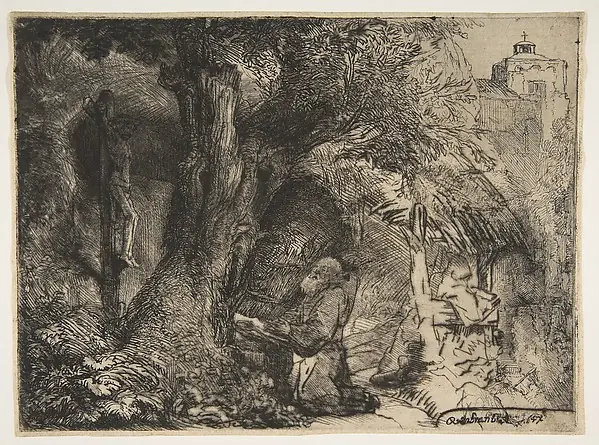 Saint Francis beneath a Tree, Praying by Rembrandt (Rembrandt van Rijn)