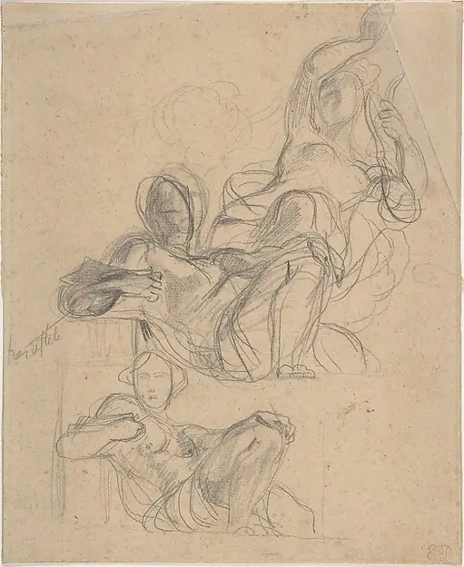 Sheet of figure studies: two studies of a reclining figure, and a seated figure holding a lyre (?) by Eugène Delacroix