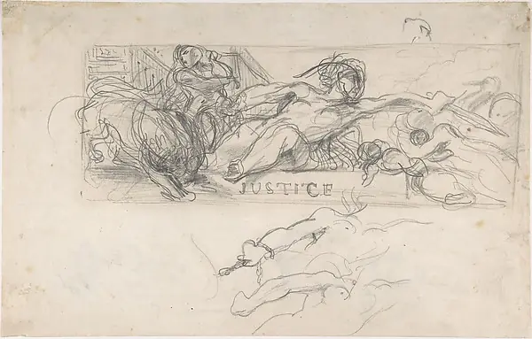 Study for an allegorical figure of Justice in the ceiling decoration of the Salon du Roi, Palais Bourbon (recto); studies of allegorical figures, and architectural sketches (verso) by Eugène Delacroix