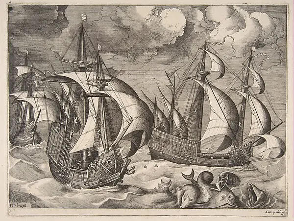 Three Caravels in a Rising Squall with Arion on a Dolphin from "The Sailing Vessels" by Pieter Bruegel the Elder