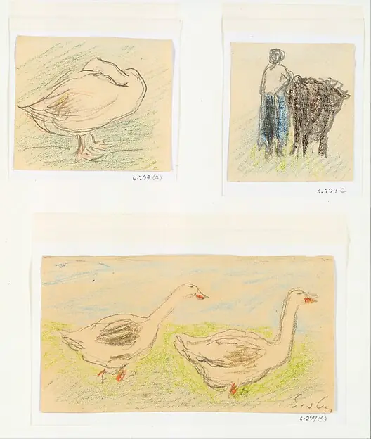 Three Sketches-Two Geese Walking; Peasant Woman with a Cow; Goose Hiding its Head by Alfred Sisley